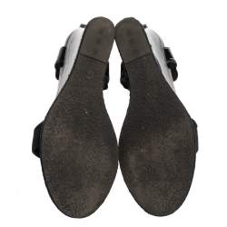 Pre Owned Fendi Black Patent Leather And Elastic T-Strap Espadrille Wedge Sandals Size 37.5