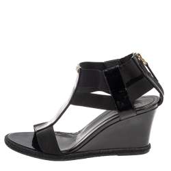 Pre Owned Fendi Black Patent Leather And Elastic T-Strap Espadrille Wedge Sandals Size 37.5