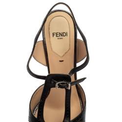 Pre Owned  Fendi Black Leather T Strap Peep Toe Ankle Strap Sandals Size 37