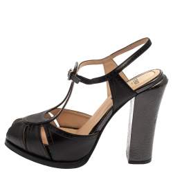 Pre Owned  Fendi Black Leather T Strap Peep Toe Ankle Strap Sandals Size 37