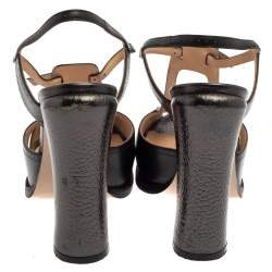 Pre Owned  Fendi Black Leather T Strap Peep Toe Ankle Strap Sandals Size 37