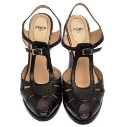 Pre Owned  Fendi Black Leather T Strap Peep Toe Ankle Strap Sandals Size 37