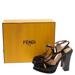 Pre Owned  Fendi Black Leather T Strap Peep Toe Ankle Strap Sandals Size 37
