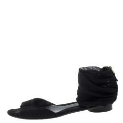 Fendi Black Mesh and Suede Bow Open Toe Flat Sandals Size 38.5