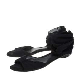 Fendi Black Mesh and Suede Bow Open Toe Flat Sandals Size 38.5