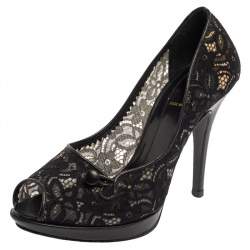 Fendi Black Lace And Leather Button Detail Peep Toe Platform Pumps Size 38.5
