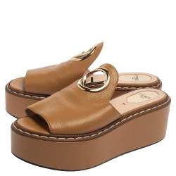 Pre Owned  Fendi Beige Leather Platform Slide Sandals Size 37