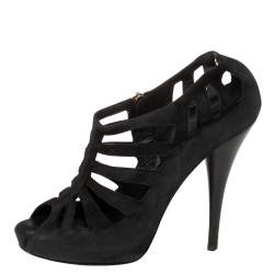 Fendi Black Suede Strappy Peep Toe Zipper Sandals Size 36