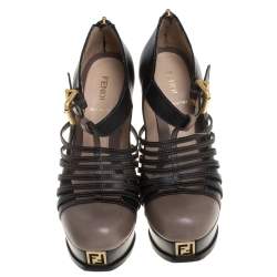 Fendi Beige/Black Leather Strappy Platform Ankle Strap Zipper Sandals Size 39