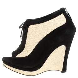 Fendi Black/Beige Suede And Jute Wedge Peep Toe Booties Size 36