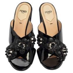 Pre Owned Fendi Black Patent Leather Flower Mule Sandals Size 36