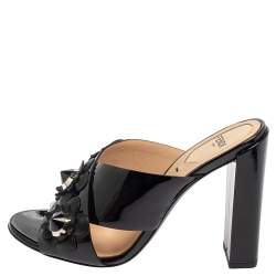 Pre Owned Fendi Black Patent Leather Flower Mule Sandals Size 36