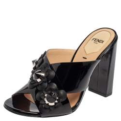 Pre Owned Fendi Black Patent Leather Flower Mule Sandals Size 36