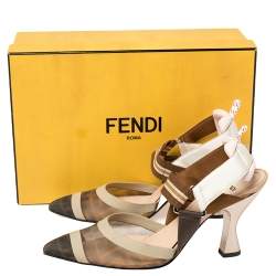 Pre Owned Fendi Brown/Beige Zucca Mesh and Leather Colibri Slingback Pumps Size 38.5