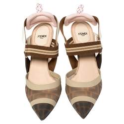 Pre Owned Fendi Brown/Beige Zucca Mesh and Leather Colibri Slingback Pumps Size 38.5