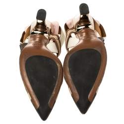 Pre Owned Fendi Brown/Beige Zucca Mesh and Leather Colibri Slingback Pumps Size 38.5