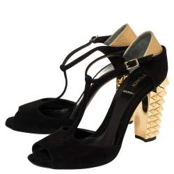 Pre Owned Fendi Black/Gold Suede And Embossed Leather Studded Heel T-Strap Sandals Size 39.5
