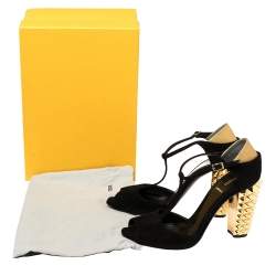 Pre Owned Fendi Black/Gold Suede And Embossed Leather Studded Heel T-Strap Sandals Size 39.5