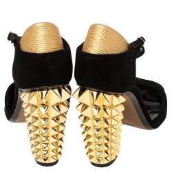Pre Owned Fendi Black/Gold Suede And Embossed Leather Studded Heel T-Strap Sandals Size 39.5