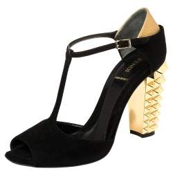 Pre Owned Fendi Black/Gold Suede And Embossed Leather Studded Heel T-Strap Sandals Size 39.5