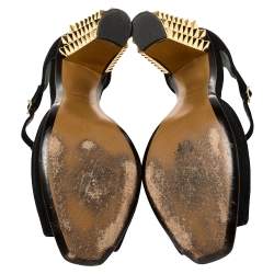 Pre Owned Fendi Black/Gold Suede And Embossed Leather Studded Heel T-Strap Sandals Size 39.5