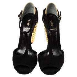 Pre Owned Fendi Black/Gold Suede And Embossed Leather Studded Heel T-Strap Sandals Size 39.5