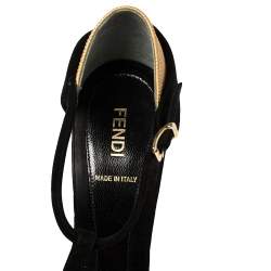 Pre Owned Fendi Black/Gold Suede And Embossed Leather Studded Heel T-Strap Sandals Size 39.5