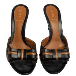 Fendi Black/Brown Zucca Canvas and Leather Pride and Prejudice Bow Slide Sandals Size 37.5
