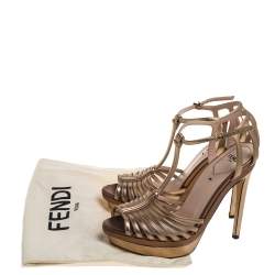 Pre Owned Fendi Metallic Gold Leather platform T strap Sandals Size 37