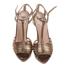 Pre Owned Fendi Metallic Gold Leather platform T strap Sandals Size 37