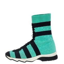 Fendi Green/Black Knit Fabric Striped Sock Sneakers Size 36