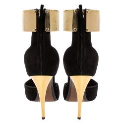 Pre Owned Fendi Black/Gold Suede Pointed Toe Ankle Cuff Pumps Size 36.5