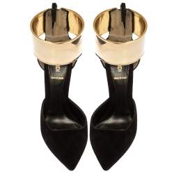 Pre Owned Fendi Black/Gold Suede Pointed Toe Ankle Cuff Pumps Size 36.5