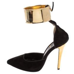 Pre Owned Fendi Black/Gold Suede Pointed Toe Ankle Cuff Pumps Size 36.5