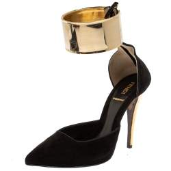 Pre Owned Fendi Black/Gold Suede Pointed Toe Ankle Cuff Pumps Size 36.5
