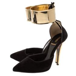 Pre Owned Fendi Black/Gold Suede Pointed Toe Ankle Cuff Pumps Size 36.5