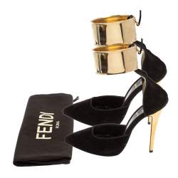 Pre Owned Fendi Black/Gold Suede Pointed Toe Ankle Cuff Pumps Size 36.5