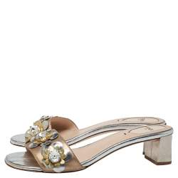 Pre Owned Fendi Metallic Bronze/Silver Leather Flowerland Sandals Size 39 
