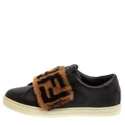 Pre Owned Fendi Brown/Black Leather And FF Motif Fur Low Top Sneakers Size 38