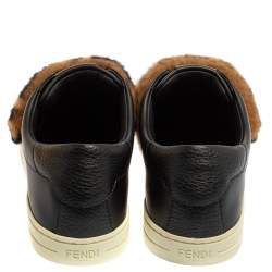 Pre Owned Fendi Brown/Black Leather And FF Motif Fur Low Top Sneakers Size 38