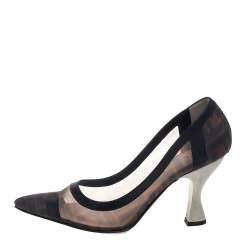 Pre Owned Fendi Beige/Black Leather And Mesh Colibri Logo Pointed Toe Pumps Size 38