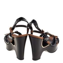 Pre Owned Fendi Black/Tan Patent Leather And Leather Buckle Detail Platform Ankle Strap Sandals Size 40