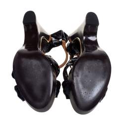 Pre Owned Fendi Black/Tan Patent Leather And Leather Buckle Detail Platform Ankle Strap Sandals Size 40