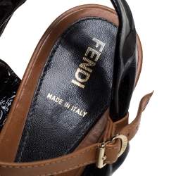 Pre Owned Fendi Black/Tan Patent Leather And Leather Buckle Detail Platform Ankle Strap Sandals Size 40