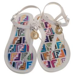 Pre Owned Fendi White Rubber Logo Charm Sunny Thong Flat Sandals Size 37