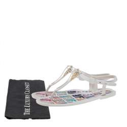 Pre Owned Fendi White Rubber Logo Charm Sunny Thong Flat Sandals Size 37