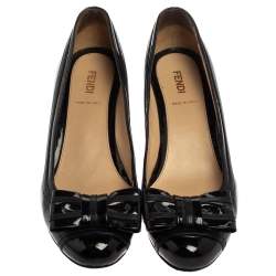 Pre Owned Fendi Black Patent Leather Bow Detail Wedge Pumps Size 37.5