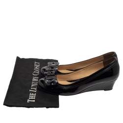 Pre Owned Fendi Black Patent Leather Bow Detail Wedge Pumps Size 37.5