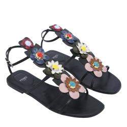مملوكة مسبقًا Fendi Multicolor Floral Applique Flat Sandals Size EU 39