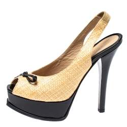Pre Owned Fendi Beige/Black Raffia And Patent Leather Peep Toe Slingback Pumps Size 37